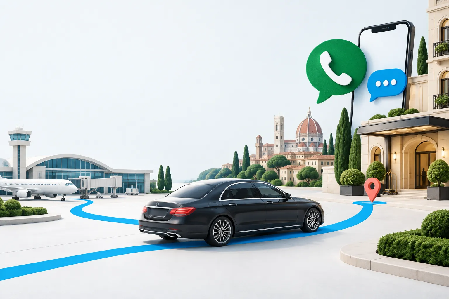 Illustrazione ChatNCC: conversazioni digitali e trasferimenti con autista tra aeroporto e citta'