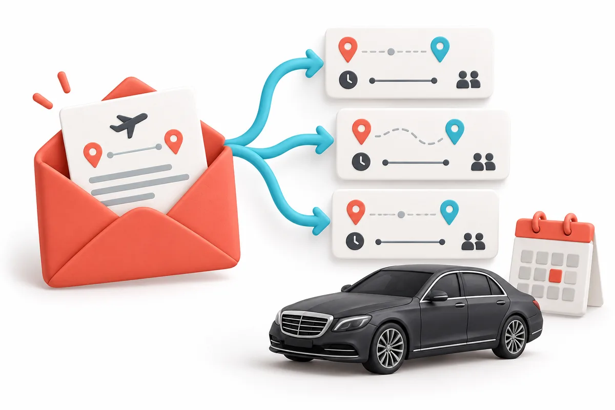 Illustrazione: Mail Bot organizza una richiesta email in dati di viaggio NCC