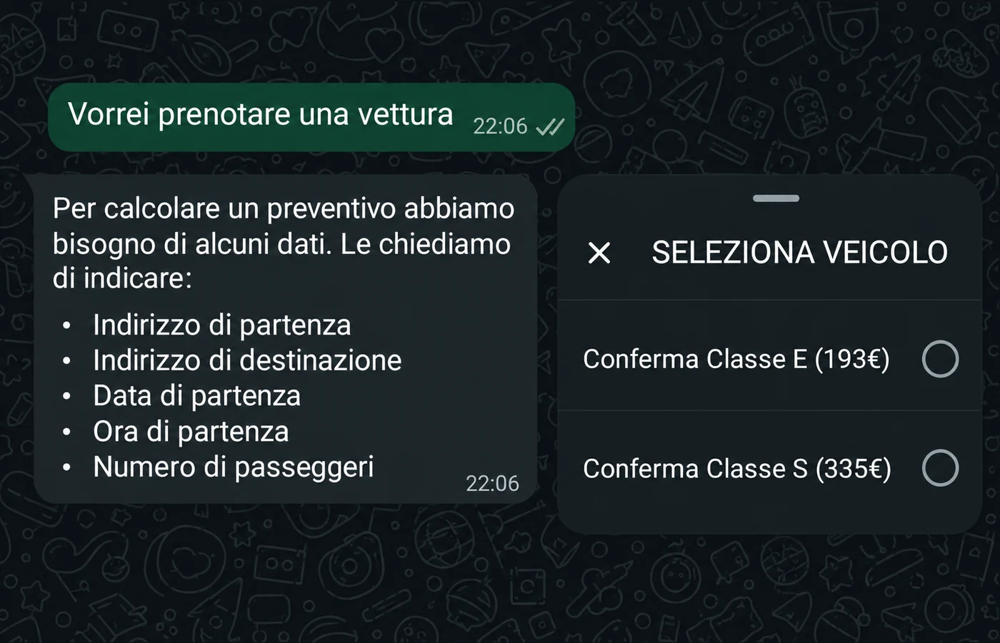 Esempio del percorso WhatsApp: dialogo e informazioni della prenotazione.